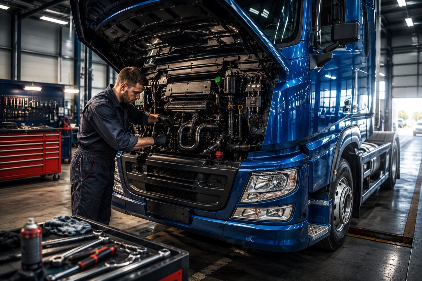 Mechanik podczas pracy przy samochodzie ciężarowym